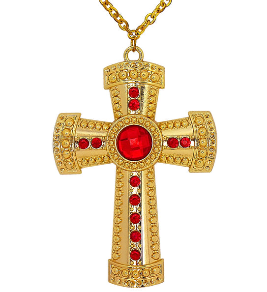 Kruis met edelsteen aan ketting, goudkleurige hanger met grote rode middensteen en rijen kleine rode steentjes