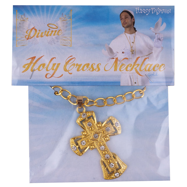 Kruishanger in detail: goudkleurig kruis met getrapte randen en steentjes, voor een priesterlook