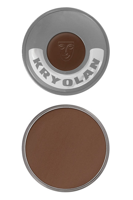 Kryolan Cake make-up 101 in bruin, rond potje met logo op de deksel en mat schminkoppervlak