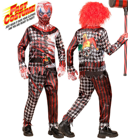 Kwaadaardige clown kostuum Mila kinderen, jas en broek met rode ruiten en bloedspatten, voor Halloween