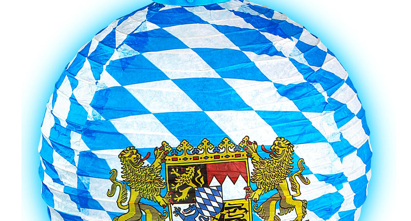 Lampion Oktoberfeest met ledlicht, blauw-wit ruitpapier van 30 cm met wapen van Beieren en blauw haakje