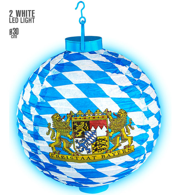 Lampion Oktoberfeest met ledlicht, blauw-wit ruitpapier van 30 cm met wapen van Beieren en blauw haakje