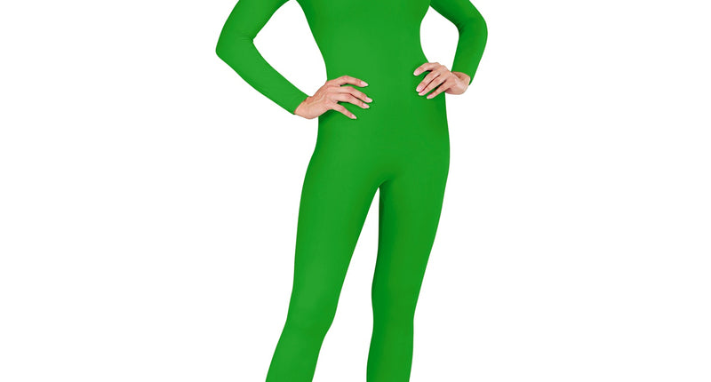 Lange groene body voor dames met lange mouwen en ronde hals, van voren gedragen met zwarte hakken