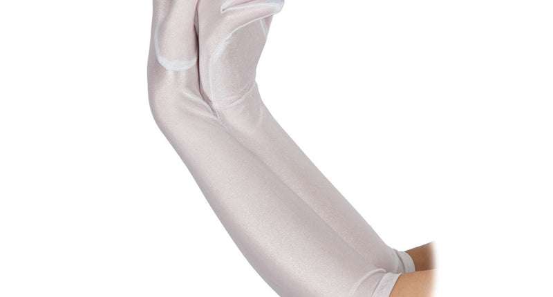 Lange handschoenen wit van stretchstof met glans, tot over de elleboog, voor een glamourlook