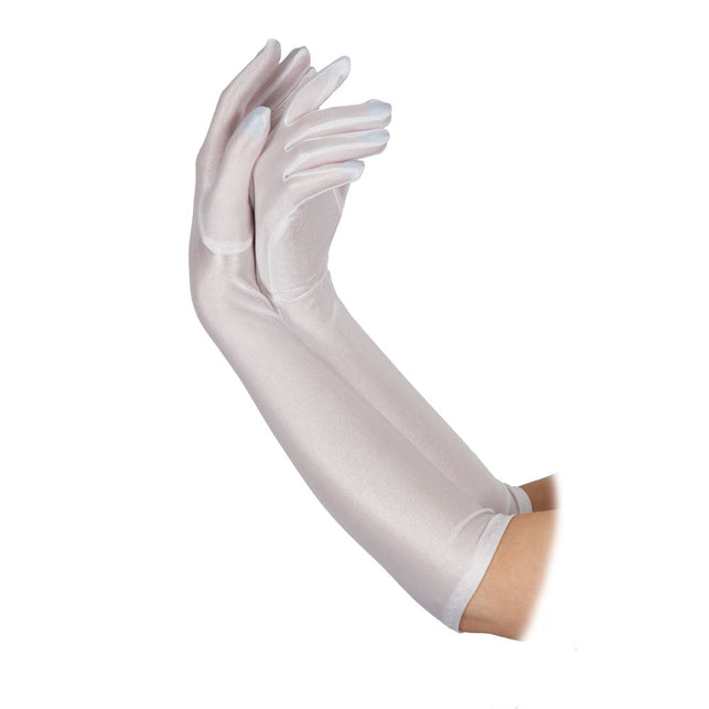 Lange handschoenen wit van stretchstof met glans, tot over de elleboog, voor een glamourlook