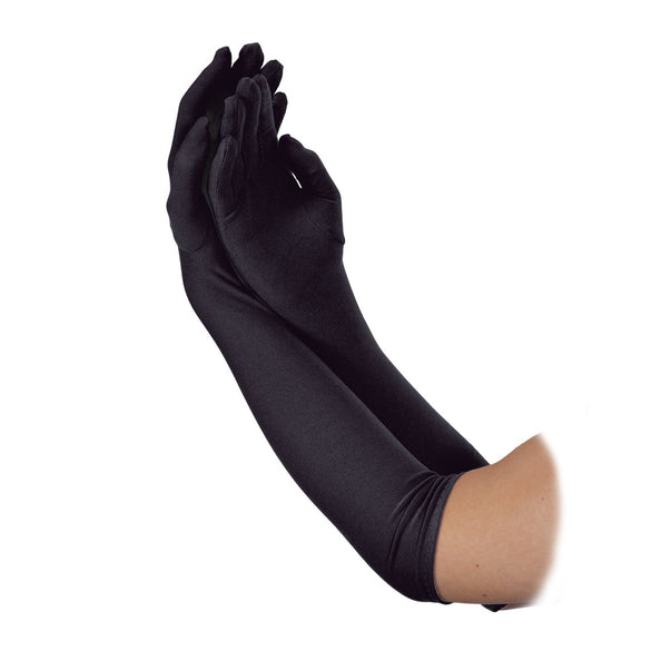 Lange handschoenen zwart van 43 cm, glanzend zwart en tot over de elleboog, voor een glamourfeest