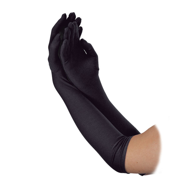 Lange handschoenen zwart van 43 cm, glanzend zwart en tot over de elleboog, voor een glamourfeest