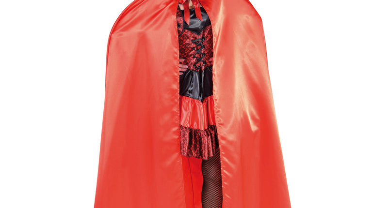 Lange rode cape Dony met kap en striksluiting, glanzend rood, gedragen over een zwart-rood Halloweenjurkje