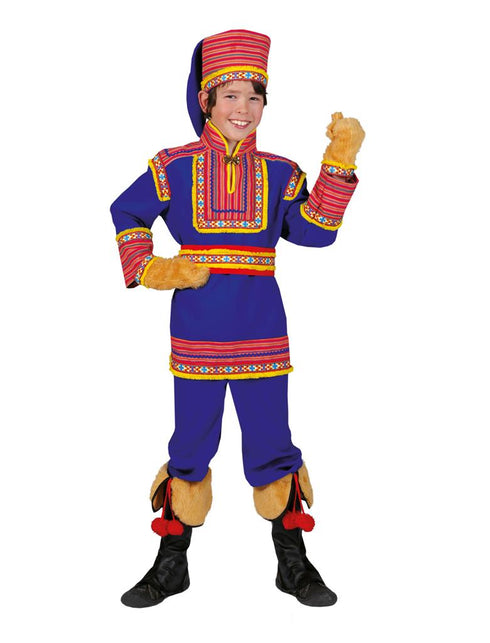 Laplander pak kind in kobaltblauw met rood-gele sierbanden, muts, handschoenen en laarsovertrekken voor carnaval