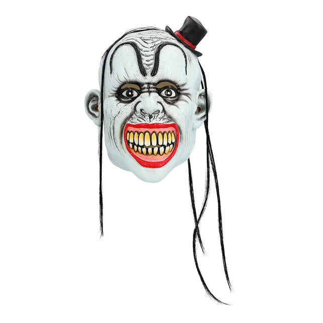 Latex hoofdmasker Bad clown met bleekwit gezicht, rode grijns met gele tanden en zwart hoedje