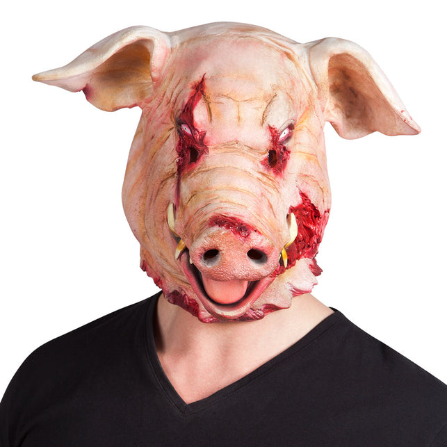 Latex hoofdmasker bloederig varken, roze varkenskop met flaporen, gele tanden en bloedige wonden voor Halloween