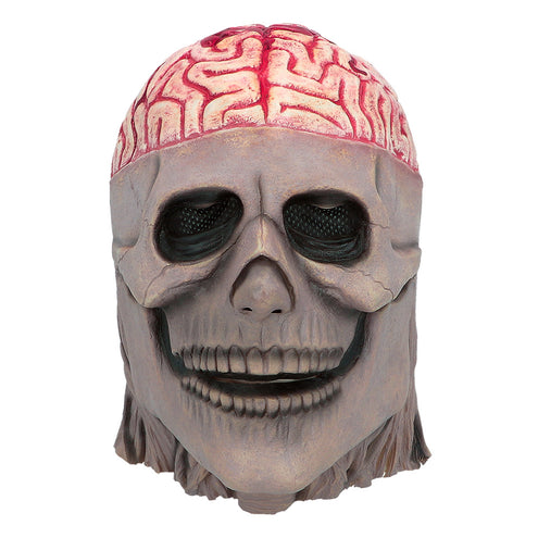 Latex hoofdmasker Brain skull van voren, donkere oogkassen en grijnzende tandenrij in grijsbeige latex