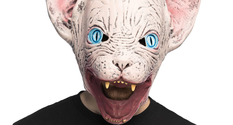 Latex hoofdmasker Horror cat gedragen, kale kattenkop met blauwe ogen en open bek voor Halloween