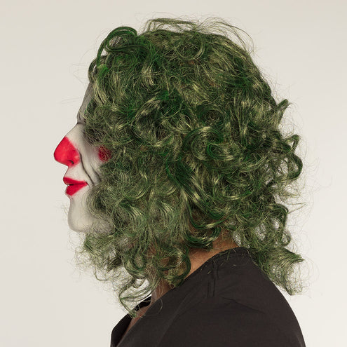Latex hoofdmasker De Schurk van de zijkant, groene krullen tot in de nek en rode mond