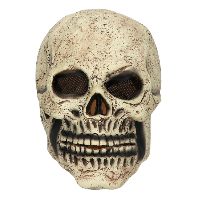 Latex hoofdmasker Skull vooraanzicht met gaas in de oogkassen en grijnzend gebit