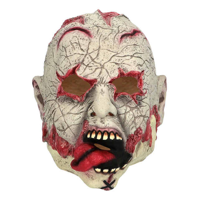 Latex hoofdmasker Undead vooraanzicht met gebarsten vuilwitte huid, scheve tanden en uithangende tong