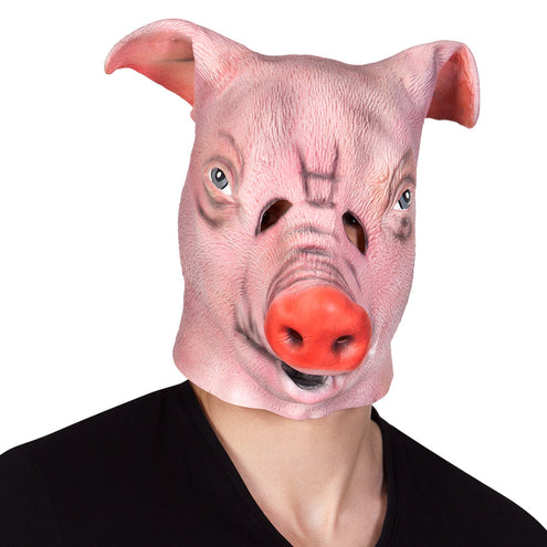 Latex hoofdmasker varken op model, roze varkenskop met rode snuit en rechtopstaande oren