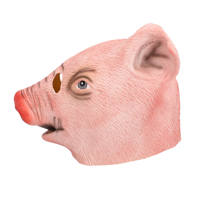 Latex hoofdmasker varken zijaanzicht met spits oor en huidstructuur in het latex