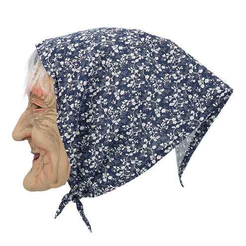 Latex masker oude vrouw van de zijkant: kromme neus, diepe rimpels en blauw wit gebloemde kap