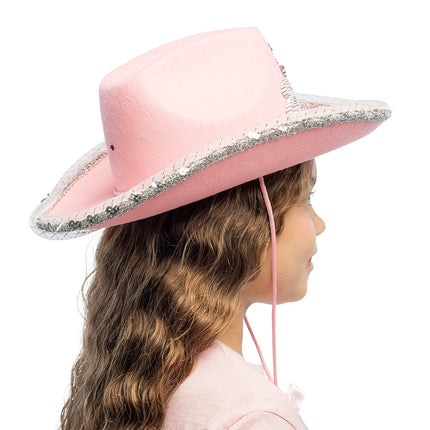 LED cowboyhoed kind Glimmer van opzij, met opgekrulde rand vol zilveren pailletten