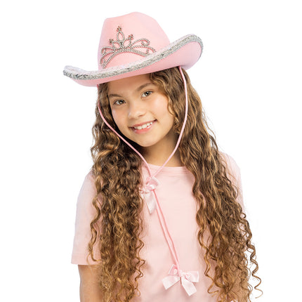 LED cowboyhoed kind Glimmer roze op een meisje, met kinkoord en twee strikjes voor een westernfeest