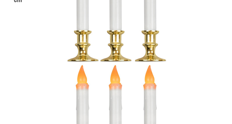 Led kaarsen set van 6 wit met oranje flikkervlam en goudkleurige kandelaars, 23 cm hoog
