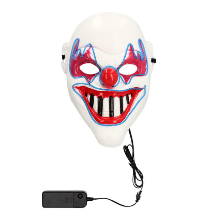 LED masker Clown horror met blauw brandende lijnen en zwart batterijkastje met drukknop aan een snoer