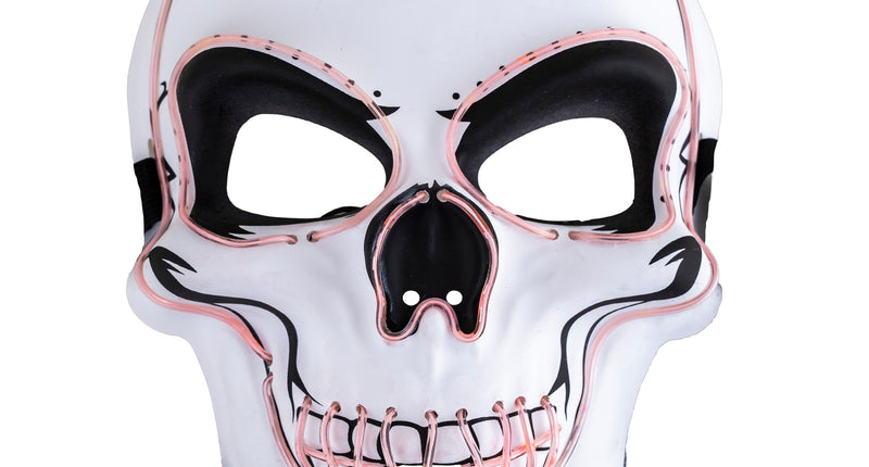 Led masker doodskop wit van pvc met zwarte belijning en lichtdraad langs ogen en tanden