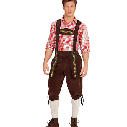 Lederhose Beiers bruin van polyester met suède-look, gedragen met tirolerhemd