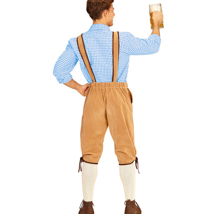 Lederhose beige achterzijde met elastische tailleband en gekruiste bretels