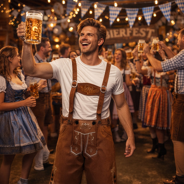 Lederhose Fritz bruin gedragen in een Bierfest-tent met bierpul en blauw-witte vlaggetjes