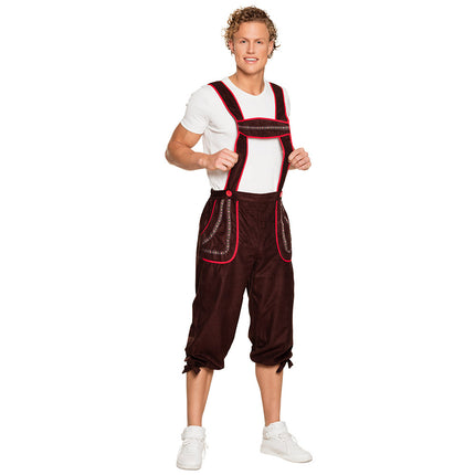 Lederhose Klaus heren bruin met rode biezen en vaste bretels, driekwart model voor Oktoberfest