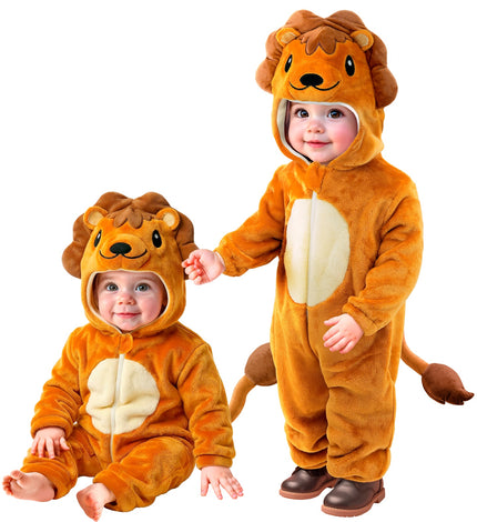 Leeuwenpak pluche fluweel Leo in oranjebruin, jumpsuit met leeuwenkap en staart voor baby en peuter