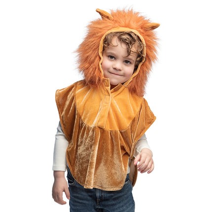 Leeuwenponcho kind in bruinoranje fluweel met capuchon met manen en oortjes, voor een dierenthemafeest