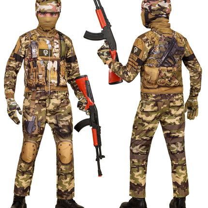 Legerpak voor kinderen met camouflagejas, broek met knielappen en masker over het hoofd