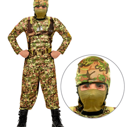 Legerpak voor kinderen met opgevulde borst, riemprint en close-up van het camouflage masker met kap