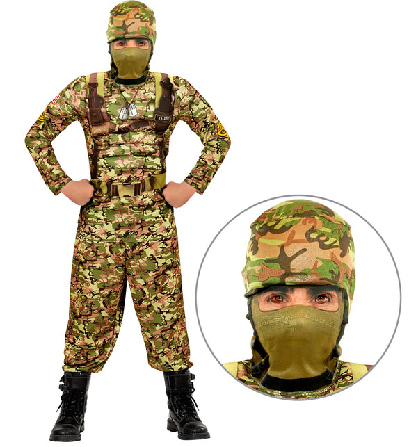 Legerpak voor kinderen met opgevulde borst, riemprint en close-up van het camouflage masker met kap