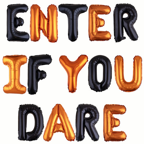 Letterballonnen Halloween met de tekst Enter If You Dare in oranje en zwart folie van 41 cm