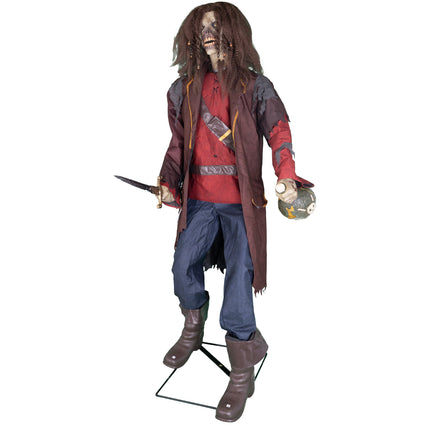Levensgrote piraat animatronic met doodshoofdgezicht, rood hemd en bruine kaplaarzen voor Halloween