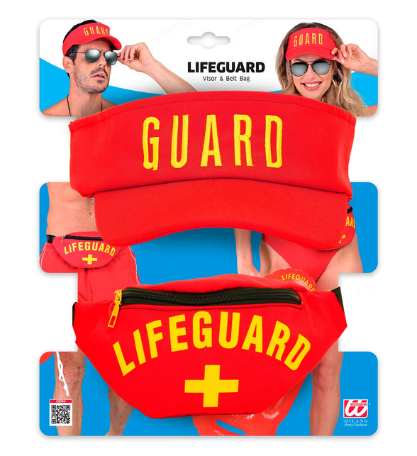 Lifeguard baywatch set op verpakking met zonneklep en heuptas met rits