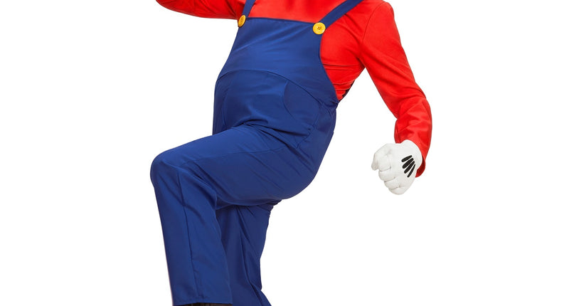 Loodgieter Mario tuinbroek met blauwe overall, gele knopen en rode muts met sterretje voor een themafeest