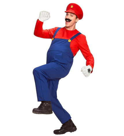 Loodgieter Mario tuinbroek met blauwe overall, gele knopen en rode muts met sterretje voor een themafeest