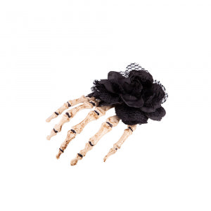 Losse hand skelet haarclip: roomwitte botvingers met zwarte roos en kant
