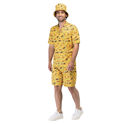 Lucky duck outfit geel kuiken met vissershoed, shirt met korte mouwen en korte broek vol eendjes met zonnebril