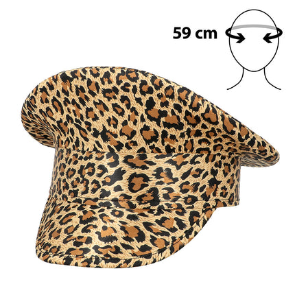 Luipaard pet bruin in uniformmodel met korte klep en vlekkenprint, kopomvang 59 cm
