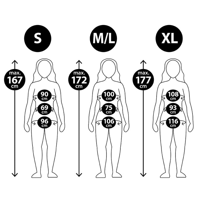 Maatoverzicht bruidskostuum: maat S tot 167 cm, M-L tot 172 cm en XL tot 177 cm lengte