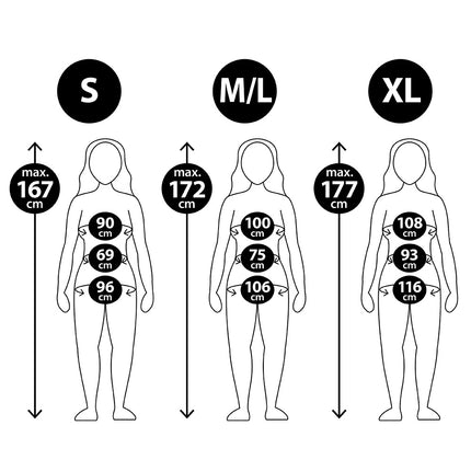 Maattabel bruid kostuum dames in S, M-L en XL met lichaamslengte en borst-, taille- en heupomvang