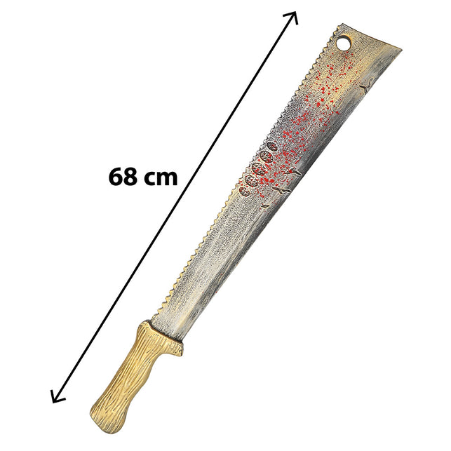 Machete Butcherfang van 68 cm met zaagtandrug, rond gat bij de punt en handvat met houtnerf