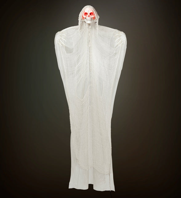 Magere hein decoratie 240cm hangend in het donker, wit gewaad met rode ogen, voor Halloween