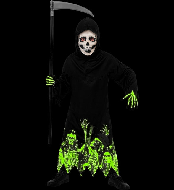 Magere Hein gewaad met groen oplichtende skeletprint en handschoenen in het donker